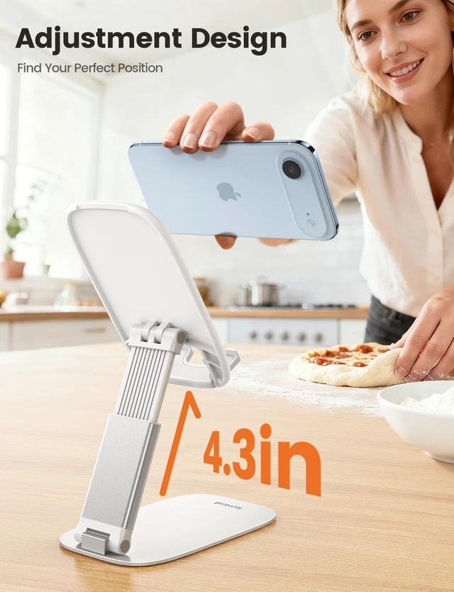 Alt view image 2 of 7 - Ultra-Thin Cell Phone Stand, Foldable Cellphone Holder for Desk | White Sturdy Desktop Cell Phone Holder for iPhone 17/16/15/14/13/12 Pro Max, Thick Case Friendly, Gifts for Men Dad Husband