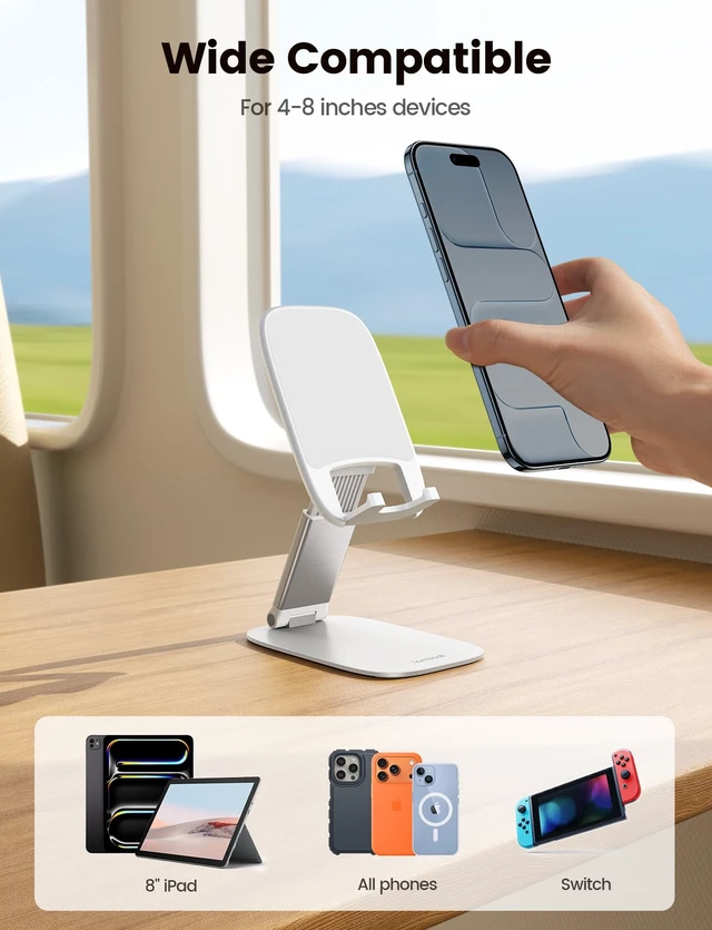 Alt view image 6 of 7 - Ultra-Thin Cell Phone Stand, Foldable Cellphone Holder for Desk | White Sturdy Desktop Cell Phone Holder for iPhone 17/16/15/14/13/12 Pro Max, Thick Case Friendly, Gifts for Men Dad Husband