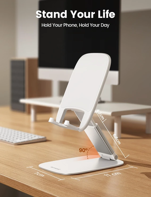Alt view image 5 of 7 - Ultra-Thin Cell Phone Stand, Foldable Cellphone Holder for Desk | White Sturdy Desktop Cell Phone Holder for iPhone 17/16/15/14/13/12 Pro Max, Thick Case Friendly, Gifts for Men Dad Husband