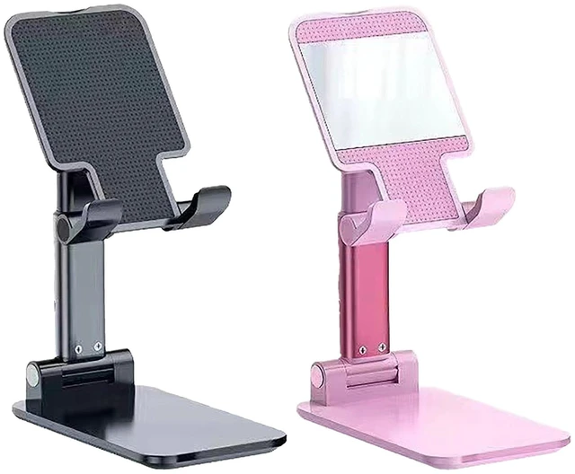Main image of 2 Pack Cell Phone Stand for Desk,Fully Foldable,Portable,Phone Holder with Silicon Pad,Angle Height Adjustable,Metal Weighted for Base,Compatible with All Mobile Phones (Pink & Black)