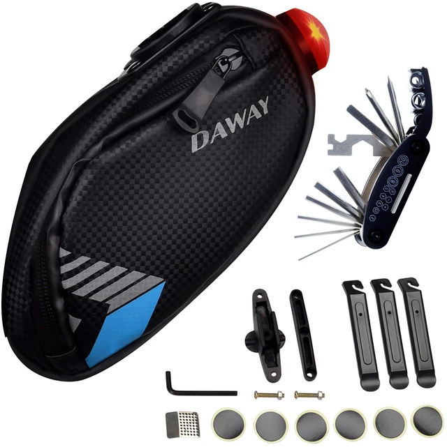 Main image of A36 Bike Repair Kit with Taillight - Waterproof Bicycle Saddle Bag, 16-in-1 Multi-Tool, Glueless Tire Tube Patches & Tire Levers, Complete Under-Seat Pack for Cyclists