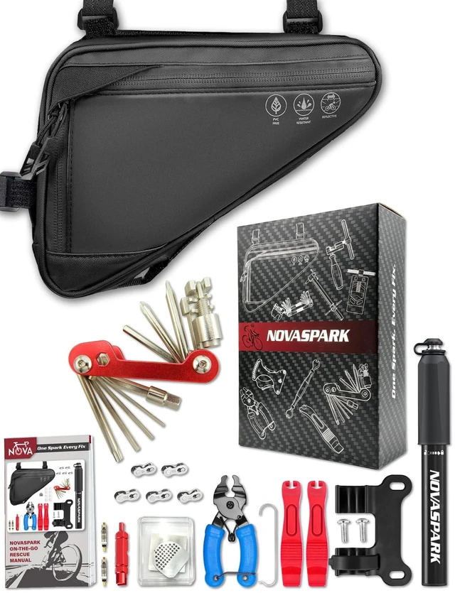 Main image of Bike Repair Kit with 2L Waterproof Bike Frame Bag | Mini Pump, Tire Levers, Chain Breaker, Multitool, Patch Kit, Portable Bicycle Tool Set for MTB, Ebike, Road Cycling