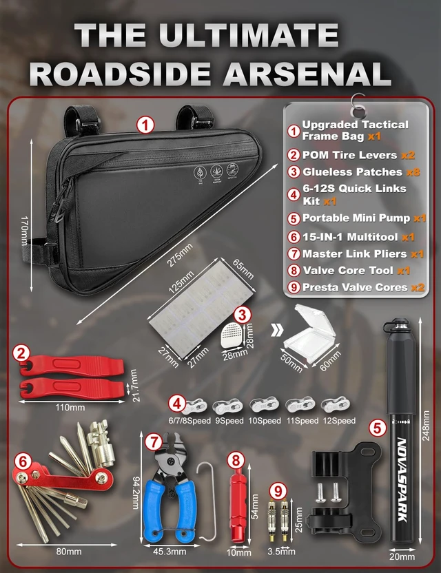 Alt view image 4 of 7 - Bike Repair Kit with 2L Waterproof Bike Frame Bag | Mini Pump, Tire Levers, Chain Breaker, Multitool, Patch Kit, Portable Bicycle Tool Set for MTB, Ebike, Road Cycling