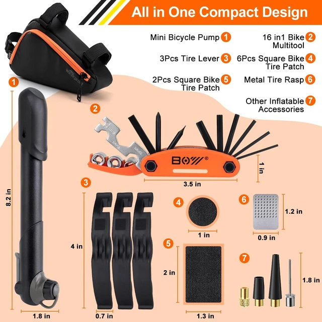 Alt view image 2 of 7 - Bicycle Frame Repair Bag with Tire Patch and Inflate Pump - Portable Travel Emergency Tool Kit, Bike Accessories for Adult Bikes with IPX4 Waterproof