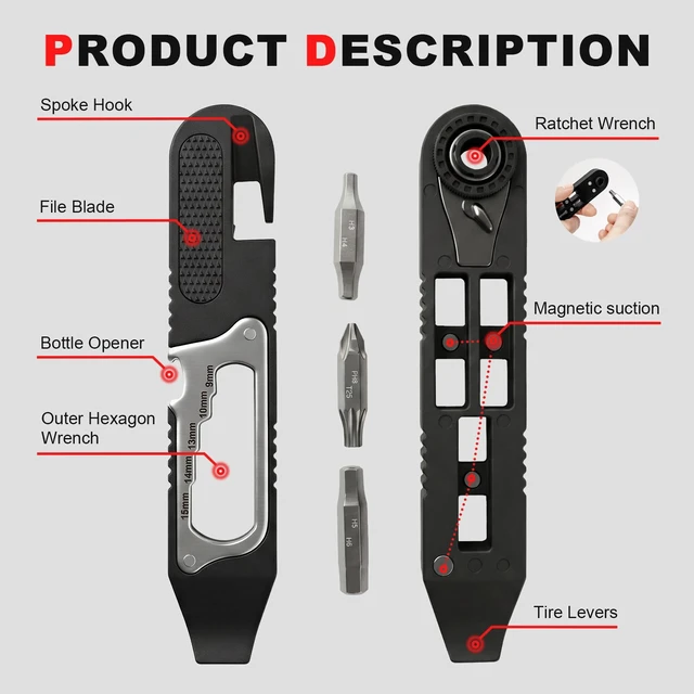 Alt view image 6 of 7 - Bike Tire Levers Kit 14 IN 1 Bike Multi Tool with Mini Ratchet Wrench | Portable bike repair tool with tire levers, cone wrenches & file blade for MTB, Road Bicycle