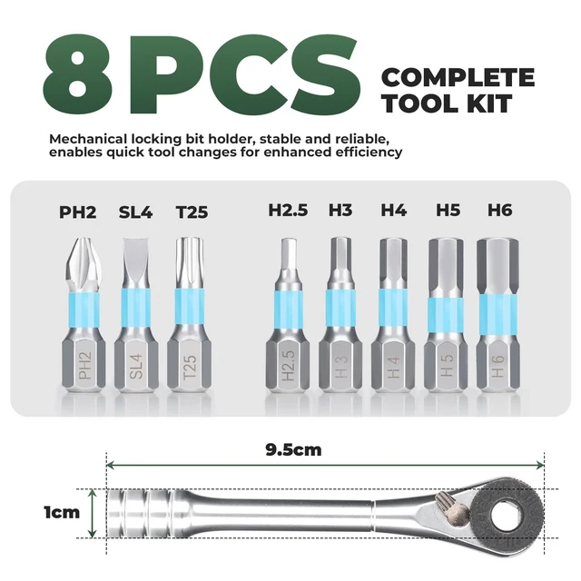 Alt view image 2 of 6 - Bike Repair Tool Kit, Portable 72-Tooth Ratchet Set with 8 S2 Bits | 72-tooth two-way ratchet, 8 S2 hex, Torx, Phillips and slotted bits, magnetic holder and aluminum tube for portable repairs.
