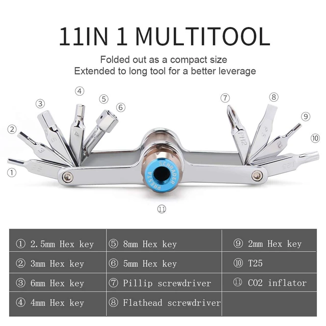 Alt view image 2 of 7 - Bike Tool Mini 11 in 1 Multi-Tool - Chain Tool/Torx/Hex/Screwdriver | Bicycle Multitool Kit - Cycling Mechanic Repair Tools with CO2 Inflator for Road and Mountain Bikes