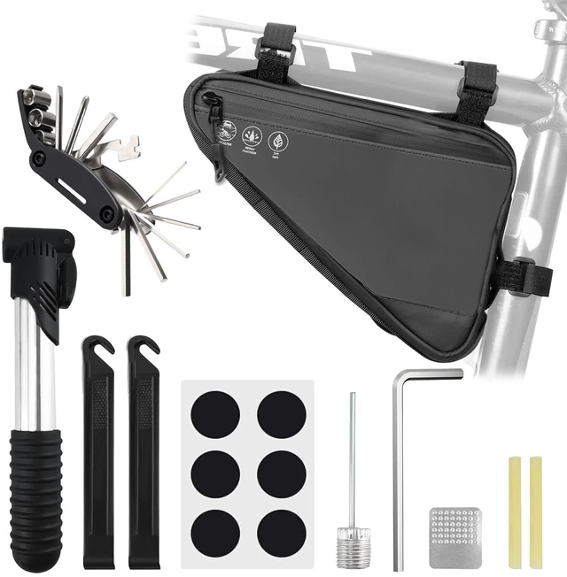 Main image of 2L Bike Frame Storage Bag with Water Resistant Reflective ,Bike Tire Repair Tool Kit,Mini Bike Pump,16 in 1 Multitool & Bicycle Tyre Lever Patch Repair Tool Accessories Set for Mountain Road Bike, MTB
