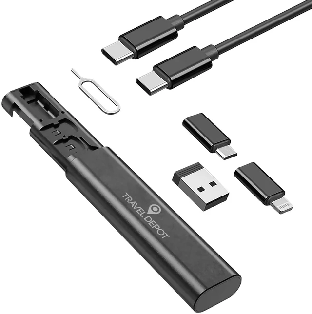 Main image of USB C Adapter Kit, 3 Adapters, 60W USB C Cable, Black | USB-A, Micro USB & Lightning to USB-C Adapters, Charging & Data Transfer, SIM Eject Tool & Storage Case