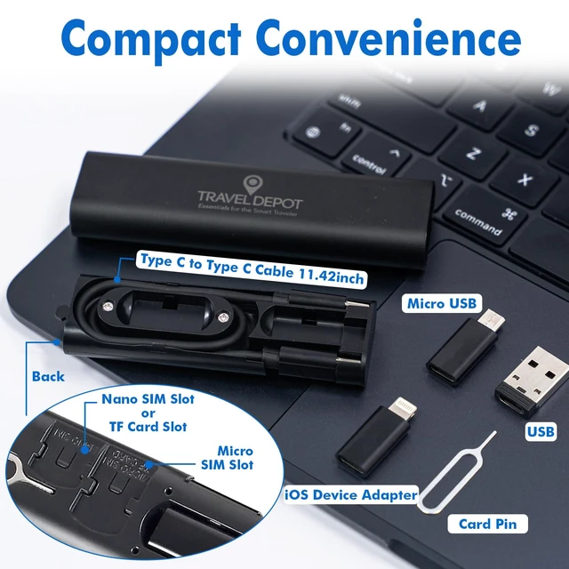 Alt view image 4 of 7 - USB C Adapter Kit, 3 Adapters, 60W USB C Cable, Black | USB-A, Micro USB & Lightning to USB-C Adapters, Charging & Data Transfer, SIM Eject Tool & Storage Case