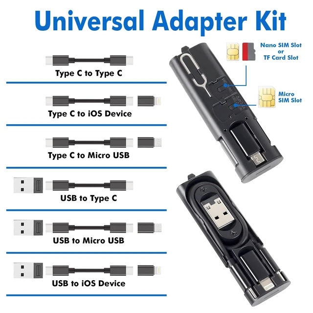 Alt view image 6 of 7 - USB C Adapter Kit, 3 Adapters, 60W USB C Cable, Black | USB-A, Micro USB & Lightning to USB-C Adapters, Charging & Data Transfer, SIM Eject Tool & Storage Case