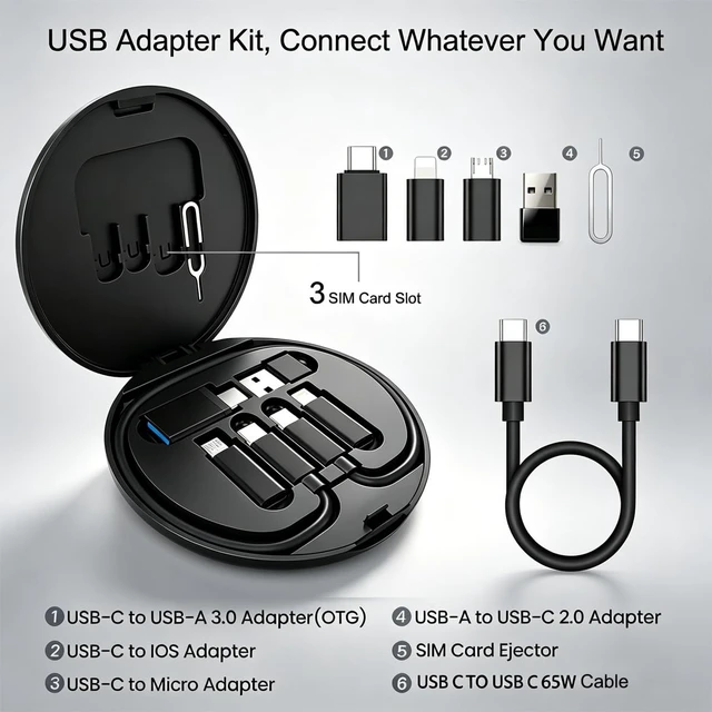 Alt view image 2 of 6 - USB Adapter Kit With USB C 3.0 OTG USB to USB C AdapterUSB C to iOS, Micro USB to USB C AdapterMulti 1FT USB C Charging Cable Kit (6 in 1) with Card Storage, Eject Pin, Esp. For Travel (Black)