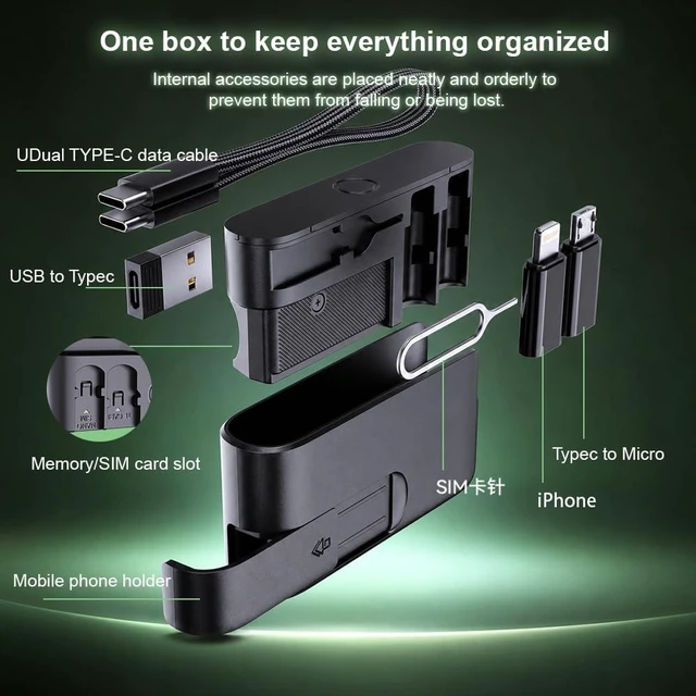 Alt view image 2 of 7 - Fast Charging USB Adapter Kit, USB-C to USB-C Cable with USB-A, USB-C & Lightning Adapters, SIM Card Eject Tool, Data Transfer Travel Organizer Box