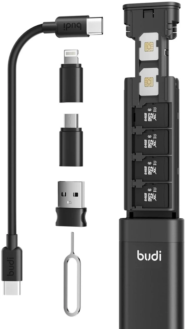 Main image of USB Adapter KitMultifunctional Compact Cable Card, Travel Portable Aluminum Storage Case with Micro USB A Type C Light, PD65W Charging Cable Set, Sim Card Tray Eject Tool and Slot Case-Black