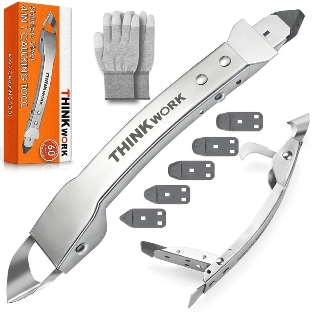 Main image of 4 in 1 Silicone Caulking Tool Kit, Stainless Steel Caulk Remover Tool | Durable Construction, Quick & Easy to Use, 5 Replaceable Silicone Pads, Protective Gloves, Remove, Apply & Finish Caulk
