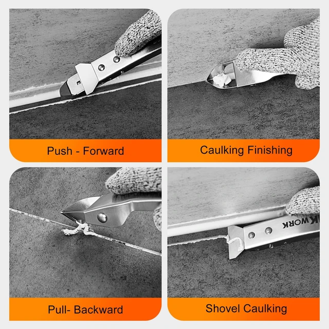 Alt view image 5 of 7 - 4 in 1 Silicone Caulking Tool Kit, Stainless Steel Caulk Remover Tool | Durable Construction, Quick & Easy to Use, 5 Replaceable Silicone Pads, Protective Gloves, Remove, Apply & Finish Caulk