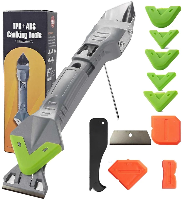 Main image of Caulking Tool 5 in 1, Caulk Remover & Sealant Finishing Tool, 10-Piece Kit | 5 Silicone Pads + 2 Stainless Steel Blades + 4 Angle Scrapers | Seam Repair for Kitchen, Bathroom, Tile & Window Joints