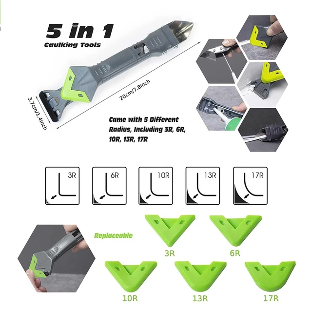 Alt view image 6 of 7 - Caulking Tool 5 in 1, Caulk Remover & Sealant Finishing Tool, 10-Piece Kit | 5 Silicone Pads + 2 Stainless Steel Blades + 4 Angle Scrapers | Seam Repair for Kitchen, Bathroom, Tile & Window Joints