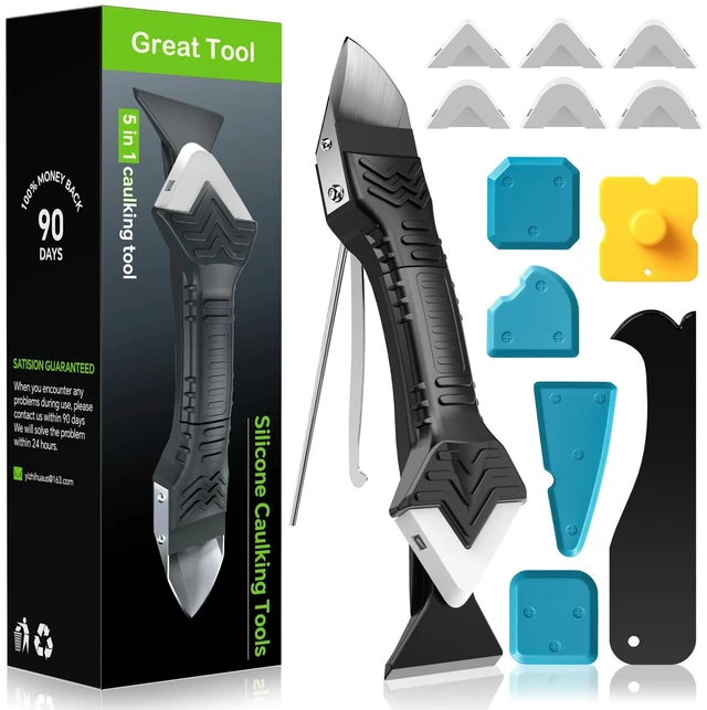 Main image of Silicone Caulking Tool, 5 in 1 Caulking Sealant Finishing Tool with Grout Scraper, 6 Exchange Silicone Pads, Adhesive Residue Scraper Seam Repair Kit for Kitchen Bathroom (White)