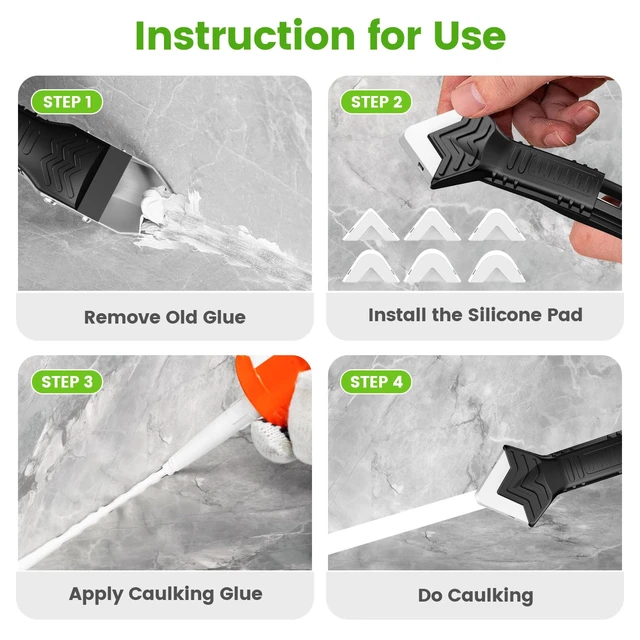 Alt view image 2 of 7 - Silicone Caulking Tool, 5 in 1 Caulking Sealant Finishing Tool with Grout Scraper, 6 Exchange Silicone Pads, Adhesive Residue Scraper Seam Repair Kit for Kitchen Bathroom (White)