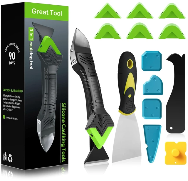 Main image of Silicone Caulking Tool Kit-3 in 1 Caulk Tool, Caulk Remover Tool | Putty Knife, Stainless Steel Scraper, 6 Replaceable silicone pads, Multi-edge Finishing tools, for Bathroom Kitchen Window