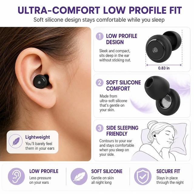 Alt view image 3 of 7 - 45dB Noise Cancelling Ear Plugs for Sleeping, 6 Pairs of Tips | Soft Reusable Silicone for Side Sleepers, Snoring, Focus, Flights, Concerts, and Daily Noise Reduction, Compact Case