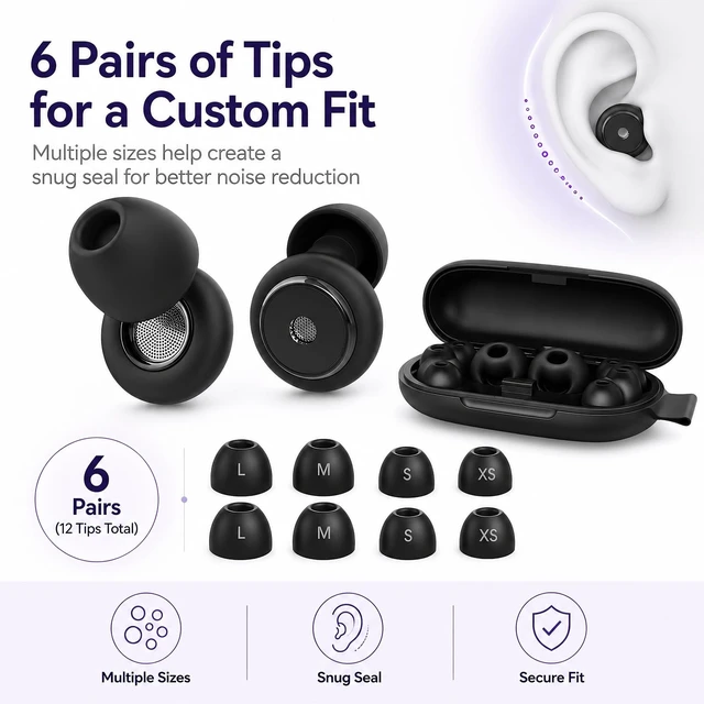 Alt view image 4 of 7 - 45dB Noise Cancelling Ear Plugs for Sleeping, 6 Pairs of Tips | Soft Reusable Silicone for Side Sleepers, Snoring, Focus, Flights, Concerts, and Daily Noise Reduction, Compact Case