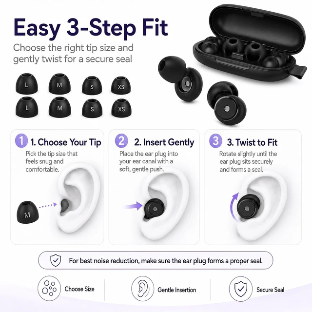 Alt view image 7 of 7 - 45dB Noise Cancelling Ear Plugs for Sleeping, 6 Pairs of Tips | Soft Reusable Silicone for Side Sleepers, Snoring, Focus, Flights, Concerts, and Daily Noise Reduction, Compact Case