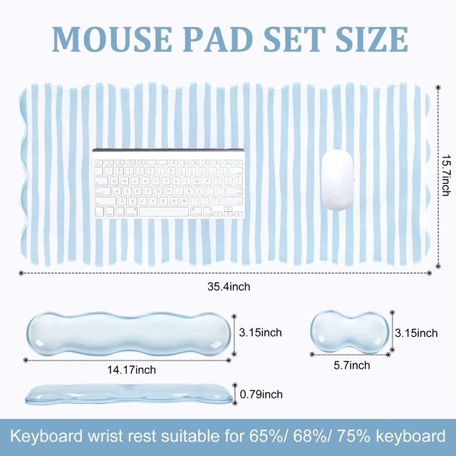 Alt view image 5 of 7 - Blue Striped Mouse Pad Set,Scalloped XXL Desk Mat + Ergonomic Mouse Wrist Rest + Gel Keyboard Wrist Rest for Keyboard 65%/75%,3in1 Large Desk Pad for Desktop Home Office Computer Game