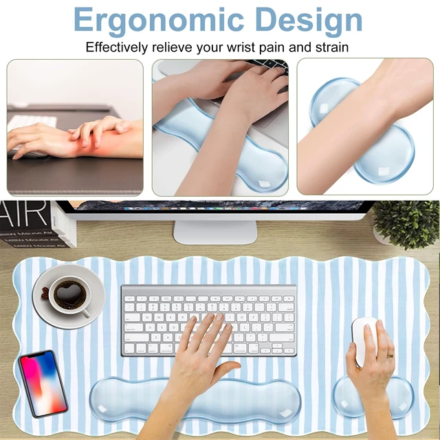 Alt view image 6 of 7 - Blue Striped Mouse Pad Set,Scalloped XXL Desk Mat + Ergonomic Mouse Wrist Rest + Gel Keyboard Wrist Rest for Keyboard 65%/75%,3in1 Large Desk Pad for Desktop Home Office Computer Game