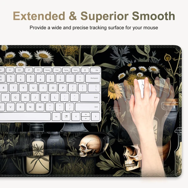 Alt view image 3 of 7 - Large Mouse Pad with Wrist Support 4 in1 Set, XXL Big Game Mousepad + Keyboard Wrist Rest+Mouse Wrist Rest+Coaster Gaming Mat for Home Office Computer I Black Academia Mystical Green Plant