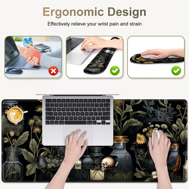 Alt view image 2 of 7 - Large Mouse Pad with Wrist Support 4 in1 Set, XXL Big Game Mousepad + Keyboard Wrist Rest+Mouse Wrist Rest+Coaster Gaming Mat for Home Office Computer I Black Academia Mystical Green Plant