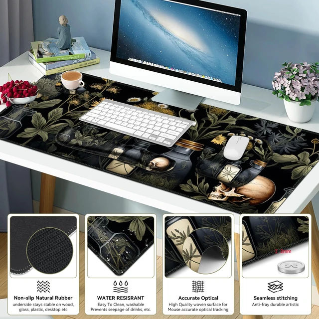 Alt view image 4 of 7 - Large Mouse Pad with Wrist Support 4 in1 Set, XXL Big Game Mousepad + Keyboard Wrist Rest+Mouse Wrist Rest+Coaster Gaming Mat for Home Office Computer I Black Academia Mystical Green Plant