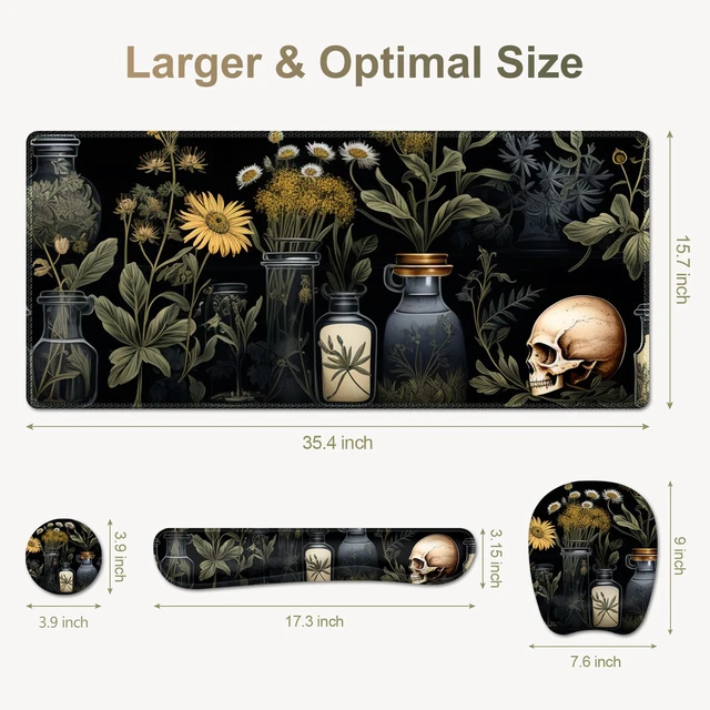 Alt view image 6 of 7 - Large Mouse Pad with Wrist Support 4 in1 Set, XXL Big Game Mousepad + Keyboard Wrist Rest+Mouse Wrist Rest+Coaster Gaming Mat for Home Office Computer I Black Academia Mystical Green Plant