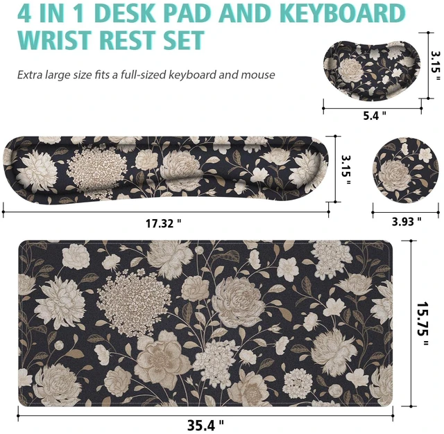 Alt view image 2 of 7 - Floral Large Mouse Pad with Wrist Support Set of 4,Large Gaming Mouse Pad+Keyboard Rest+Mouse Wrist Rest+Coaster,Ergonomic Mouse mat,Anti-Slip,Memory Foam Desk Mat for Home Office Gaming (Rose)