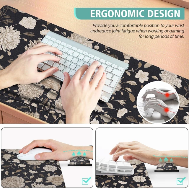 Alt view image 3 of 7 - Floral Large Mouse Pad with Wrist Support Set of 4,Large Gaming Mouse Pad+Keyboard Rest+Mouse Wrist Rest+Coaster,Ergonomic Mouse mat,Anti-Slip,Memory Foam Desk Mat for Home Office Gaming (Rose)