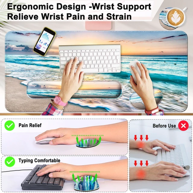Alt view image 2 of 7 - 4 in 1 Mouse Pad and Keyboard Wrist Rest,Large Desk Mat,Coaster Set-Beach | Desk Matt For Desktop Wrist Rest Support XXL Gaming Cute Ergonomic for Computer Laptop Women Office Home Decor