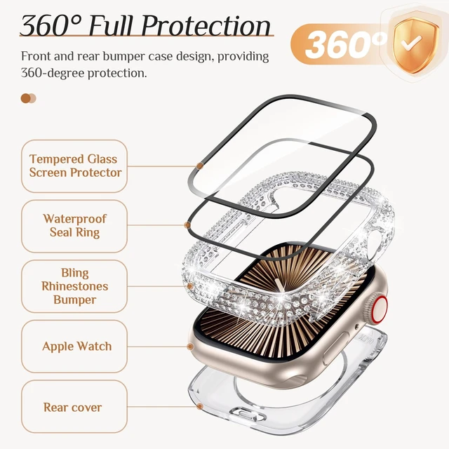 Alt view image 7 of 7 - Bling Waterproof Case for Apple Watch Screen Protector 46mm Series 11/10 | Sparkling Full Rhinestone Look, IP67 Water-Resistant & Anti-Fog, 9H Glass + PC Back Cover for iWatch 11 46mm Sensitive Touch