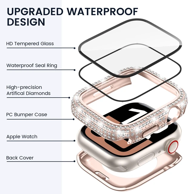 Alt view image 3 of 7 - 2in1 for Apple Watch Screen Protector Case Series 11/10 46mm | Waterproof 360 iWatch Diamond Front Bumper with Glass Film and Back Bumper, Bling Face Cover Women, 49 mm Accessories