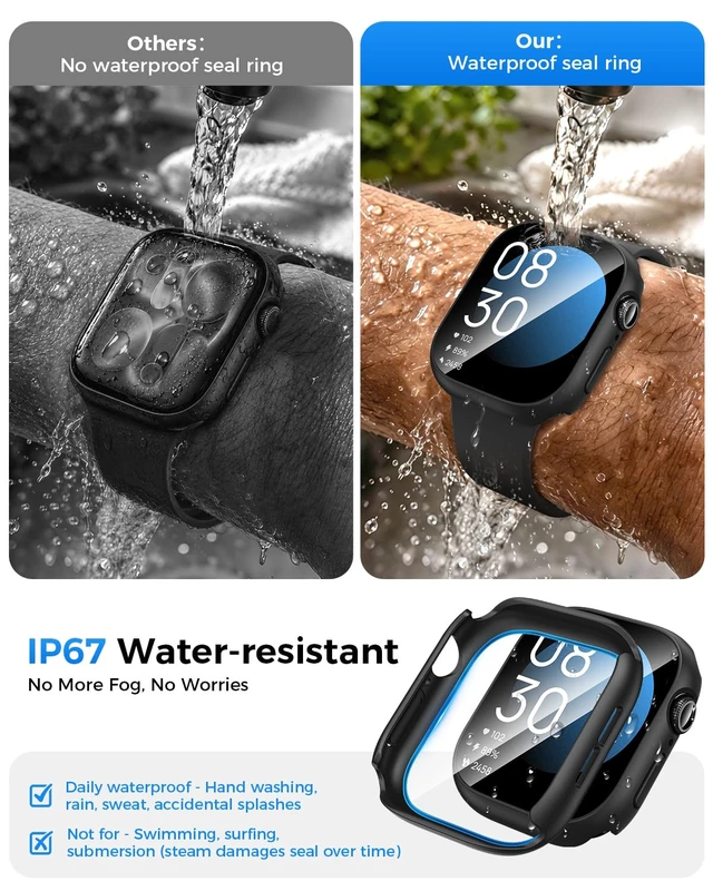 Alt view image 3 of 7 - IP67 Waterproof Case with Glass for Apple Watch Series 11/10 46mm | Water-Resistant & Anti-Fog, Tempered Glass Screen Protector Hard PC Cover for iWatch Series 11 46 mm, Sensitive Touch