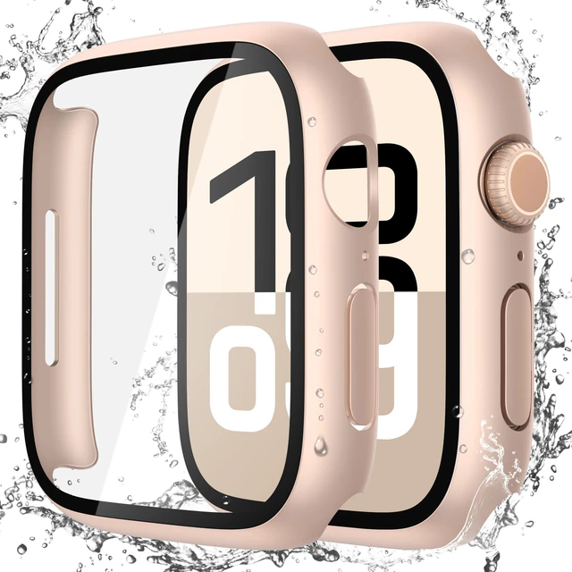 Main image of 2-Pack Waterproof Case for 46mm Apple Watch Series 11/10 | Cover with 9H Tempered Glass Screen Protector for 11/10, Anti-Scratch, 1 Rose Gold + 1 Transparent