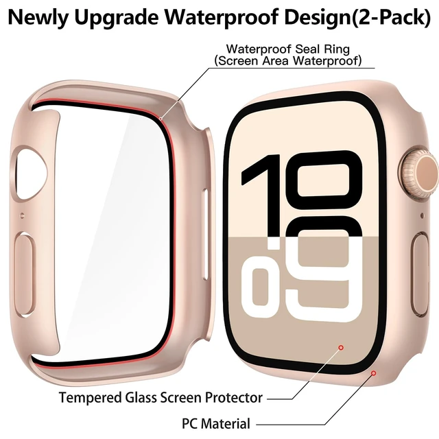 Alt view image 5 of 7 - 2-Pack Waterproof Case for 46mm Apple Watch Series 11/10 | Cover with 9H Tempered Glass Screen Protector for 11/10, Anti-Scratch, 1 Rose Gold + 1 Transparent