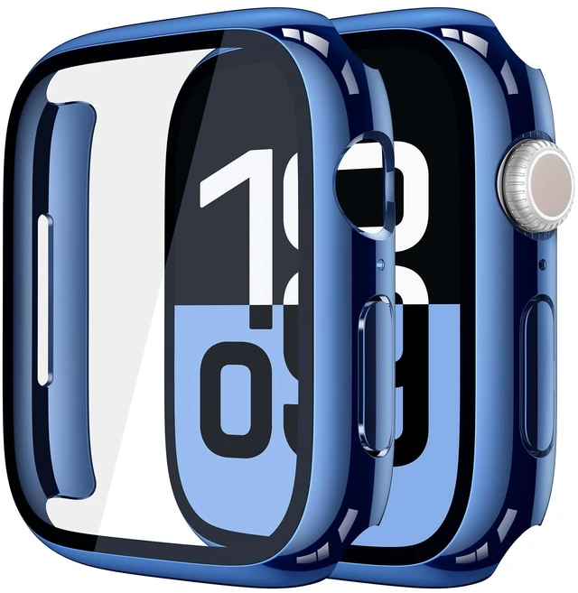 Main image of Case with Screen Protector for 46mm Apple Watch Series 11/10 | 2-Pack Cover with Tempered Glass for 11/10, Scratch Resistant Sensitive Touch Protection, 1 Blue + 1 Transparent