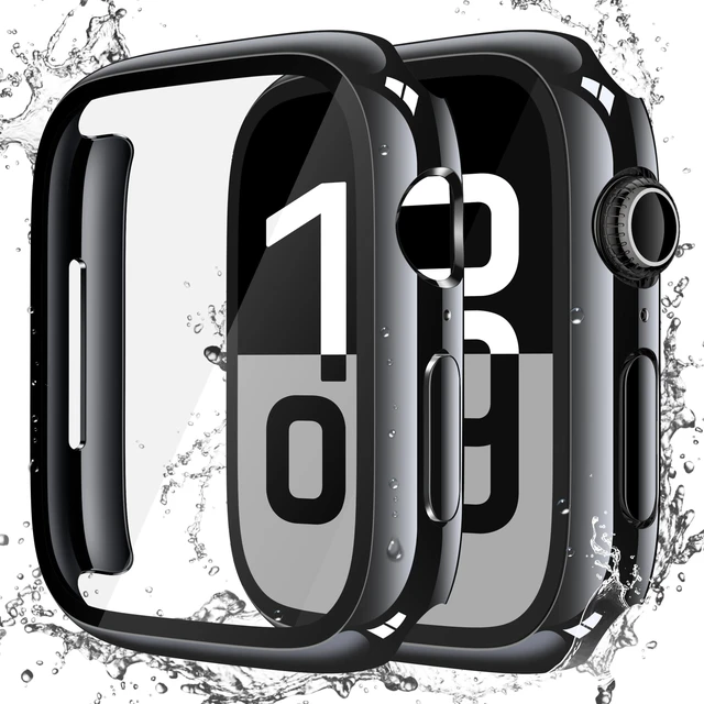 Main image of 2-Pack Waterproof Case for 46mm Apple Watch Series 11/10 | Cover with 9H Tempered Glass Screen Protector for 11/10, Anti-Scratch, Jet Black