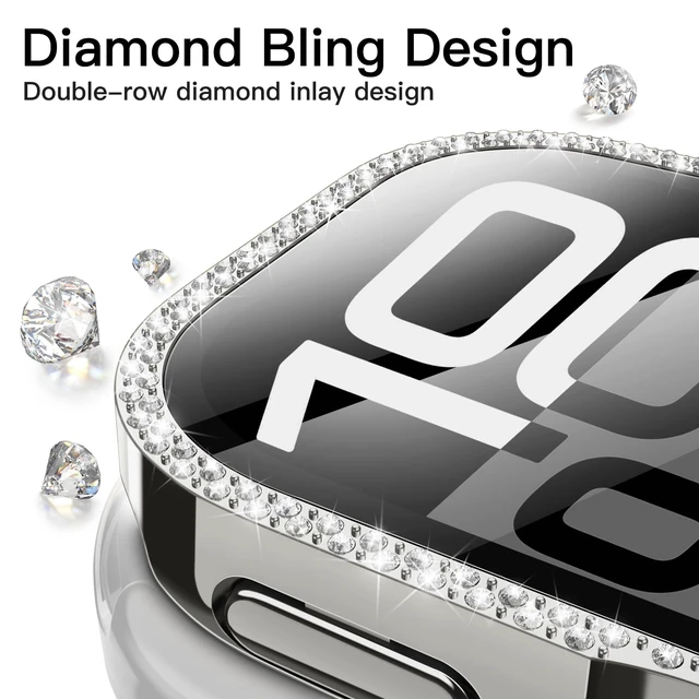 Alt view image 3 of 6 - Bling Case for Apple Watch Series 11/10 46mm, Silver | with Screen Protector, Sparkling Diamond Design, Built-in Tempered Glass, High Touch Sensitivity, Full Protection