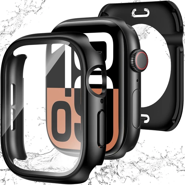 Main image of 3 in 1 Waterproof Case for 46mm Apple Watch Series 11/10, Black | 46mm PC Bumper 360 Full Coverage Face Cover Built-in Tempered Glass Screen Protector, Sensitive Touch Scratch