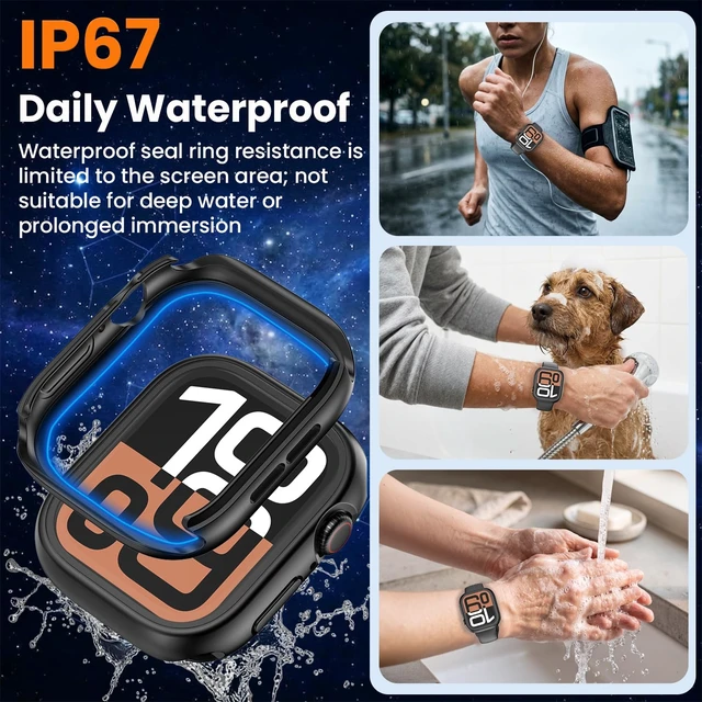 Alt view image 3 of 7 - 3 in 1 Waterproof Case for 46mm Apple Watch Series 11/10, Black | 46mm PC Bumper 360 Full Coverage Face Cover Built-in Tempered Glass Screen Protector, Sensitive Touch Scratch