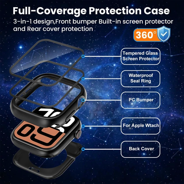 Alt view image 7 of 7 - 3 in 1 Waterproof Case for 46mm Apple Watch Series 11/10, Black | 46mm PC Bumper 360 Full Coverage Face Cover Built-in Tempered Glass Screen Protector, Sensitive Touch Scratch