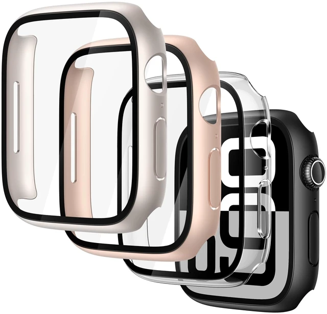 Main image of 4-Pack Case with Screen Protector for 46mm Apple Watch Series 11/10 | Cover with 9H Tempered Glass for 11/10, Scratch Resistant, 1 Black + 1 Transparent + 1 Starlight + 1 Rose Gold