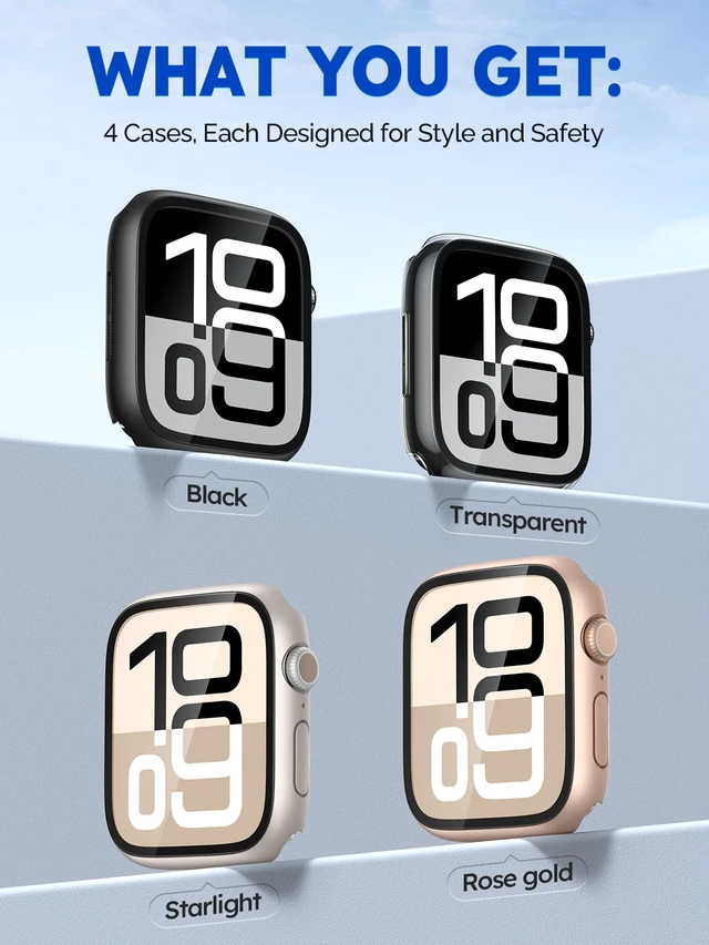 Alt view image 2 of 7 - 4-Pack Case with Screen Protector for 46mm Apple Watch Series 11/10 | Cover with 9H Tempered Glass for 11/10, Scratch Resistant, 1 Black + 1 Transparent + 1 Starlight + 1 Rose Gold